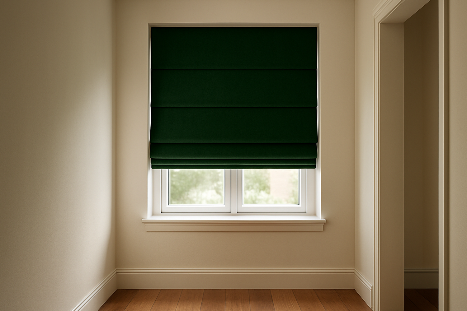 Green blackout roman blind in the hall