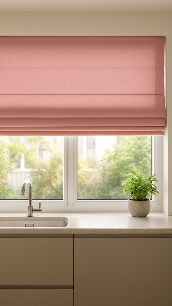 pink blackout roman blind fitted in the kitchen