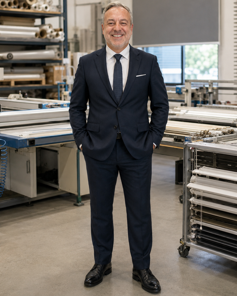 Man in a suit standing in an industrial setting with machinery and materials around.