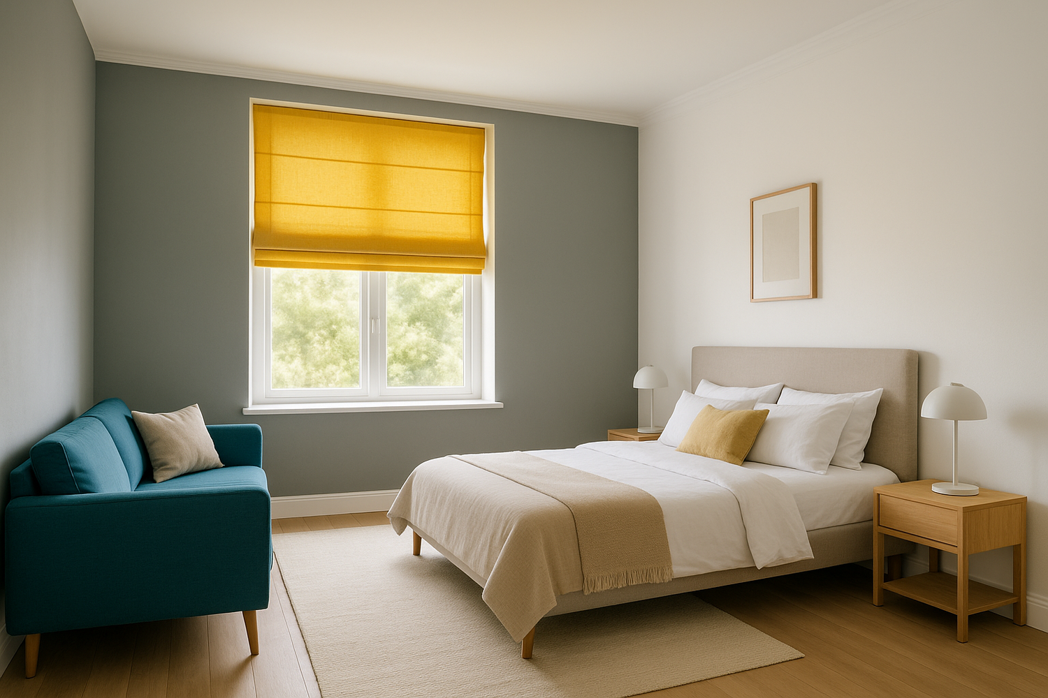 yelow Roman blind in big bedroom with grey walls blue sofa and white walls